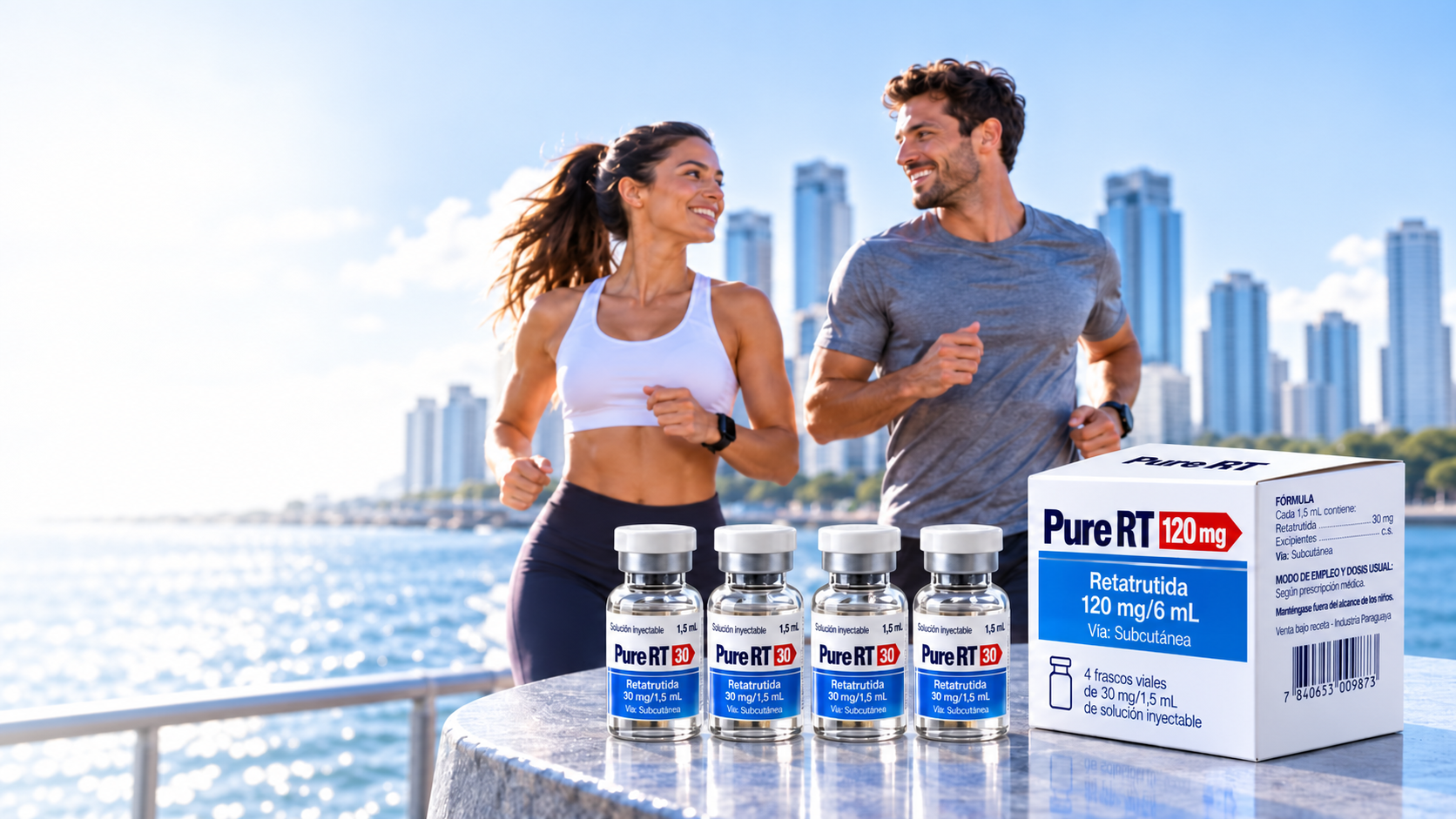 Pareja corriendo junto a la ciudad, con la presentación PureRT en primer plano.