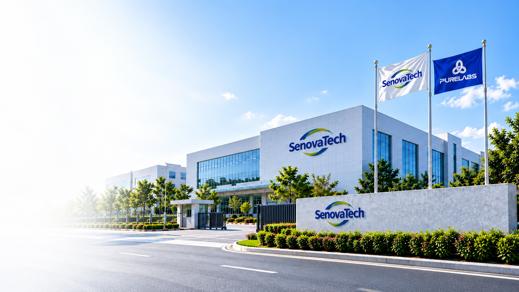 Instalaciones de SenovaTech, con jardines y banderas frente al edificio.
